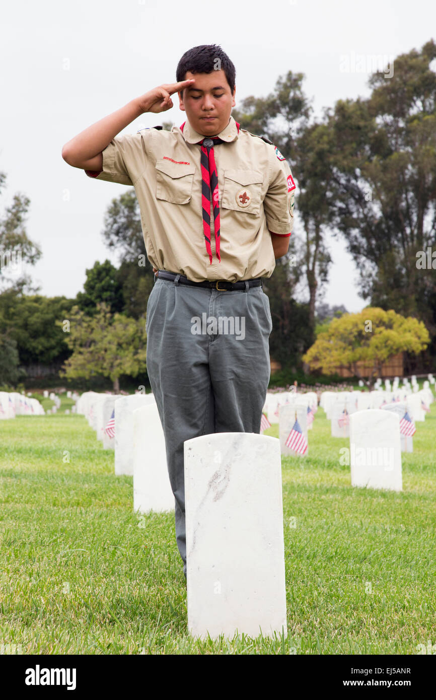 Boyscout saluting at one of 85, 000 US Flags at Annual Memorial Day Event, Los Angeles National Cemetery, California, USA Stock Photo