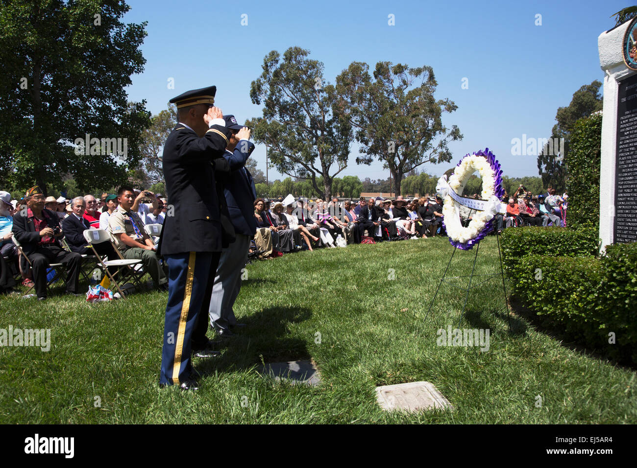 Unification Advisory Council saluting during Los Angeles National Cemetery Annual Memorial Event, May 26, 2014, California, USA Stock Photo