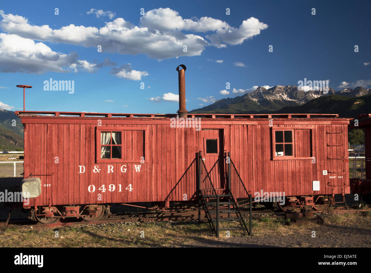 Antique red railroad cars, Ridgway, Colorado, USA Stock Photo