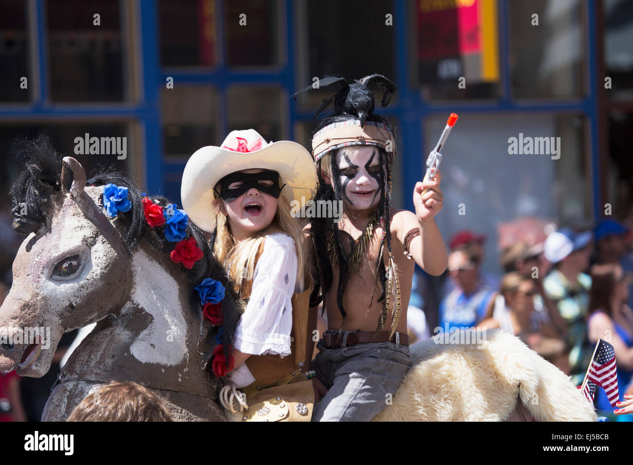 Kids portray Lone Ranger and Tonoto, July 4, Independence Day Parade, Telluride, Colorado, USA Stock Photo