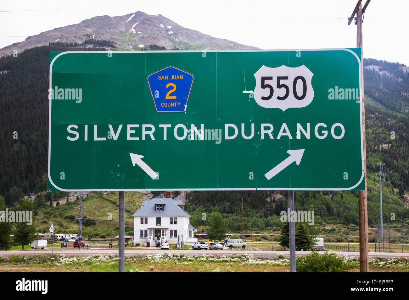 Road sign directing to Silverton and Durango, Colorado, USA Stock Photo