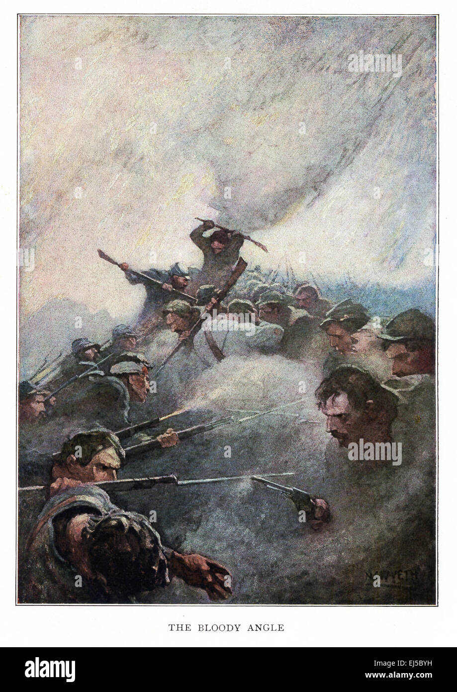 This illustration titled The Bloody Angle is from Mary Johnston's 1912 novel titled Cease Firing, which was illustrated by American artist N.C. Wyeth. Bloody Angle was part of the Battle of Spotsylvania Court House fought in Virginia in May 1864, during the American Civil War.  Ulysses Grant tried to break through the Confederate line, but was unable - there was no winner and the casualties were very high. Stock Photo