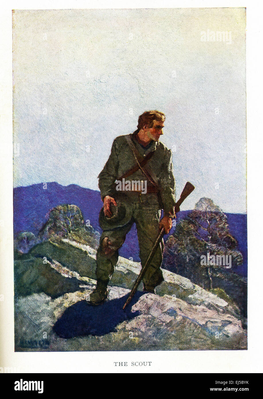 This illustration titled The Scout is from Mary Johnston's 1912 novel titled Cease Firing, which was illustrated by American artist N.C. Wyeth. This illustration served also as the front book cover. Scouts were used to check out the terrain, check enemy positions and the like ahead of the army's advance. Stock Photo