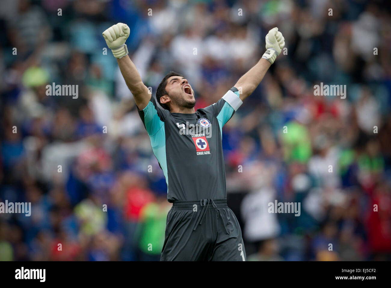 Mexico City, Mexico. 21st Mar, 2015. Cruz Azul's goalkeeper Jesus Corona celebrates a score during the match corresponding to the Day 11 of the 2015 Closing Tournament of MX League against Xolos, in the Azul Stadium, in Mexico City, capital of Mexico, on March 21, 2015. © Alejandro Ayala/Xinhua/Alamy Live News Stock Photo