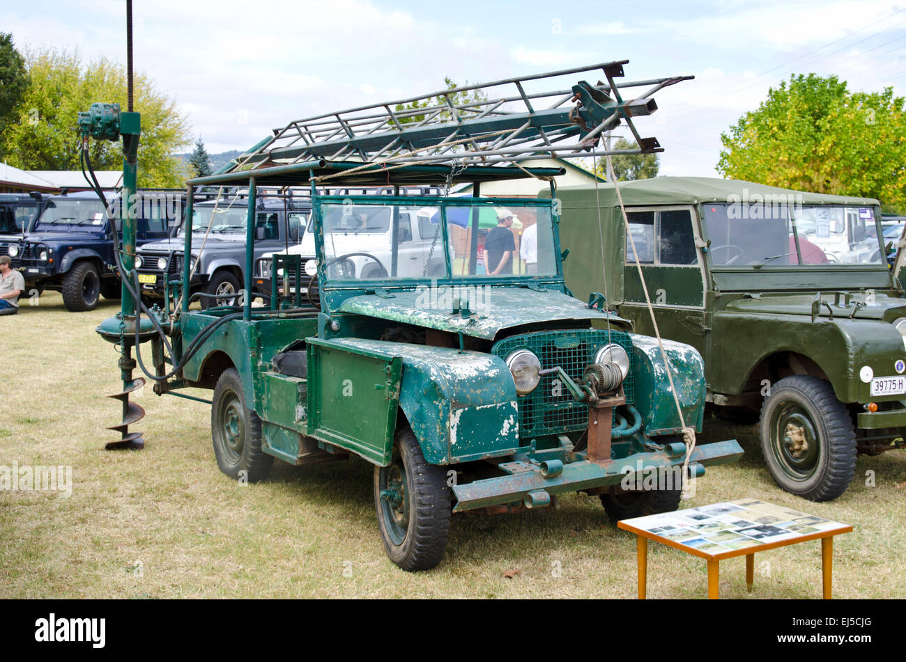 An old Land Rover fitted with assorted farming equipment and body alterations Stock Photo