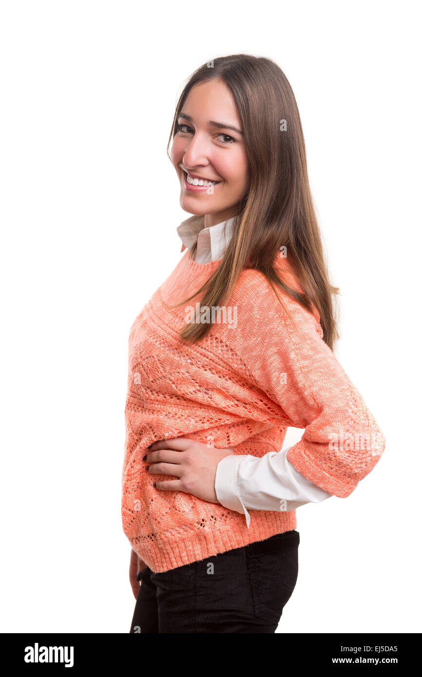 Beautiful young casual woman posing isolated over white Stock Photo - Alamy