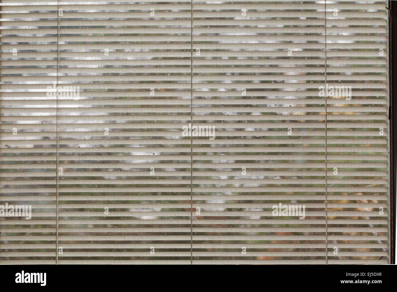 An abstract photo of blinds and mesh screening looking towards the exterior of a house. Stock Photo