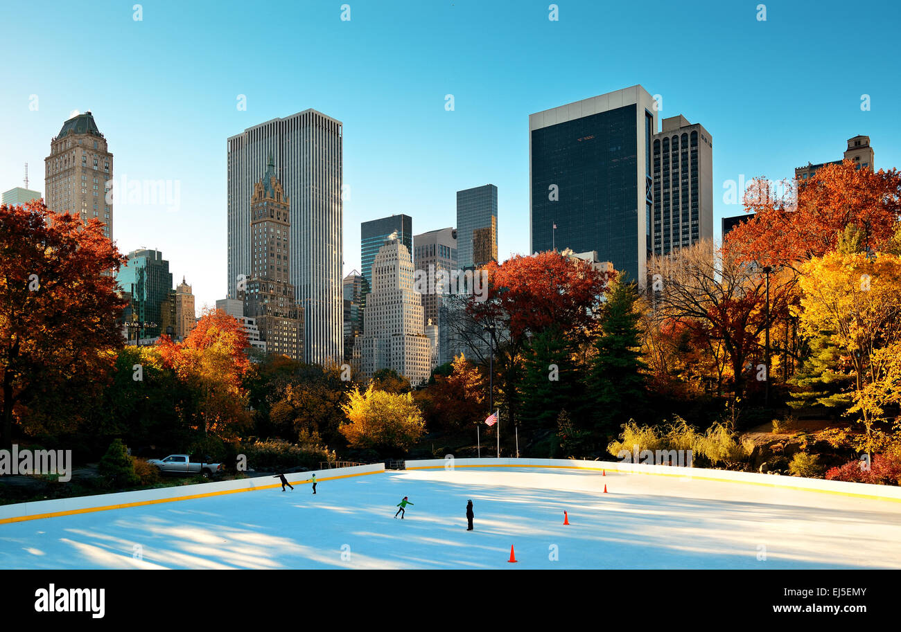 Central Park Autumn Ice Rink Midtown Skyline In Manhattan New York City 