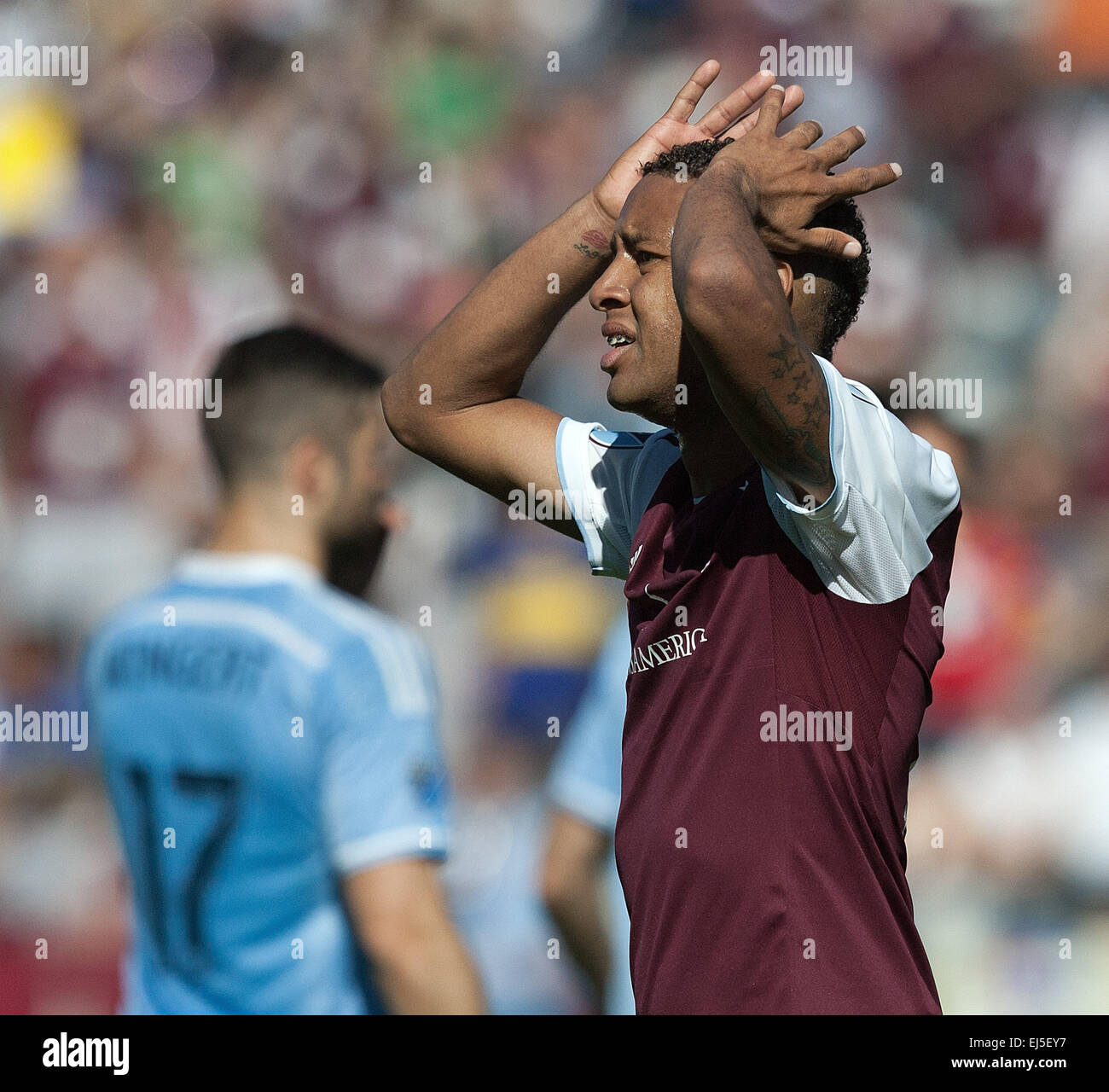 Commerce City, Colorado, USA. 21st Mar, 2015. Rapids F GABRIEL TORRES shows his disappointment after Referee does not call a Penalty Kick during the 2nd. Half at Dicks Sporting Goods Park during the Rapids Home Opener Saturday afternoon. Rapids & New York City FC draw to 0-0. © Hector Acevedo/ZUMA Wire/Alamy Live News Stock Photo