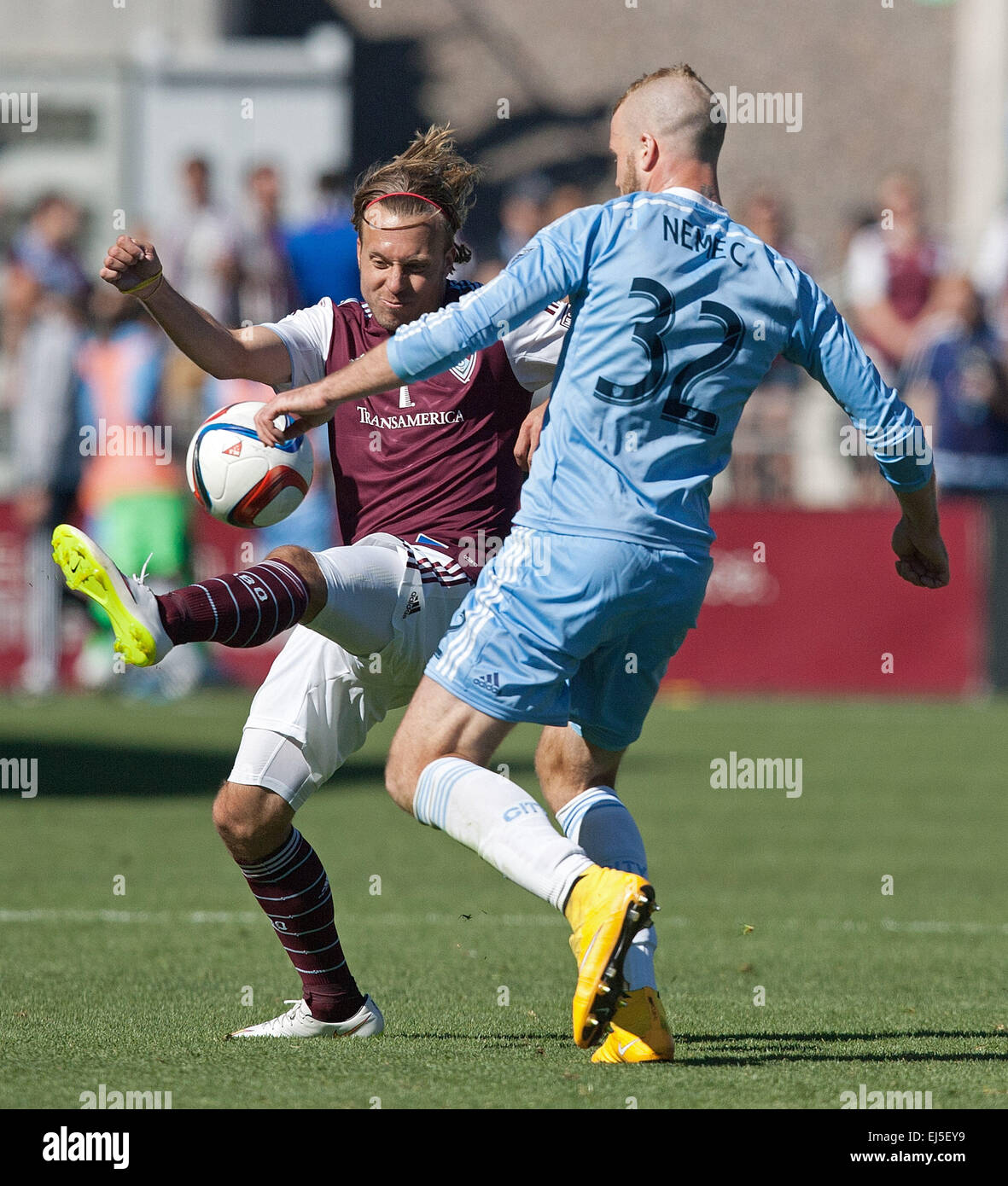 Commerce City, Colorado, USA. 21st Mar, 2015. Rapids D MARC BURCH, left, battles for control of the ball with NY F ADAM NEMEC, right, during the 2nd. Half at Dicks Sporting Goods Park during the Rapids Home Opener Saturday afternoon. Rapids & New York City FC draw to 0-0. © Hector Acevedo/ZUMA Wire/Alamy Live News Stock Photo