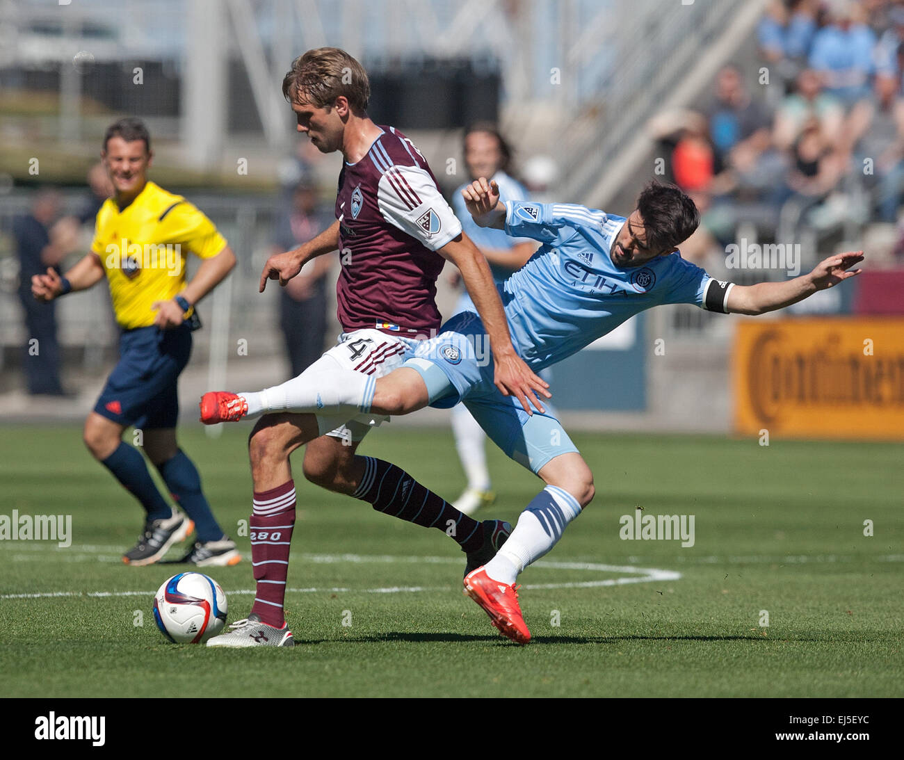 Commerce City, Colorado, USA. 21st Mar, 2015. Rapids D MARC BURCH, left, battles for control of the ball during the 2nd. Half at Dicks Sporting Goods Park during the Rapids Home Opener Saturday afternoon. Rapids & New York City FC draw to 0-0. © Hector Acevedo/ZUMA Wire/Alamy Live News Stock Photo