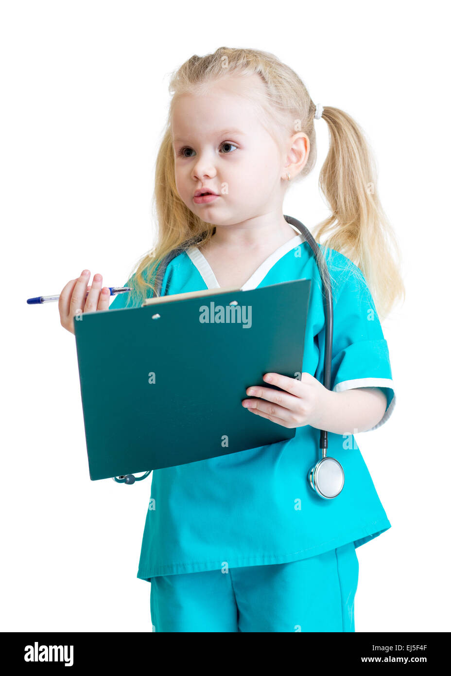 Child girl in costume of doctor takes notes isolated Stock Photo