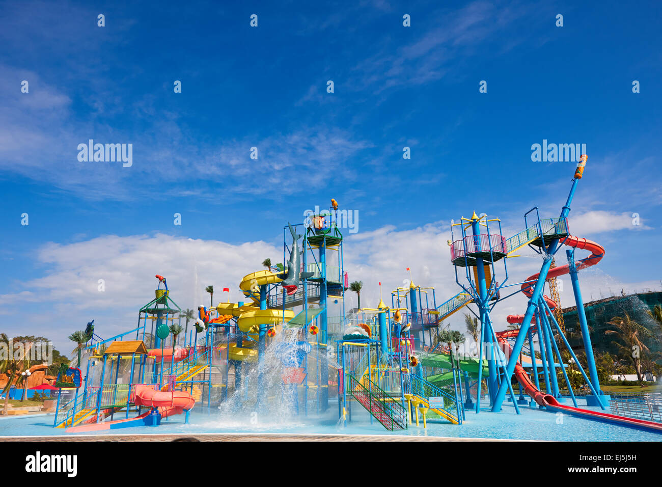 Colorful water sliding structure in Vinpearl Land Water Park. Phu Quoc island, Kien Giang Province, Vietnam. Stock Photo