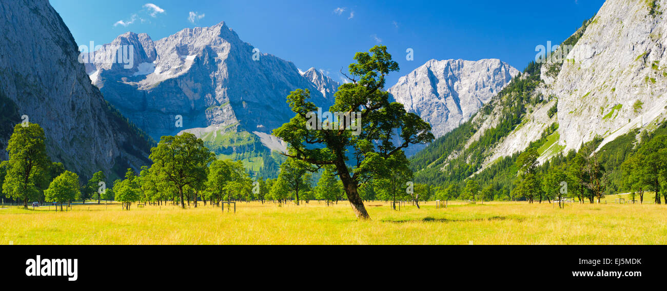 wide panorama landscape at alps mountains and Ahornboden in Austria Stock Photo