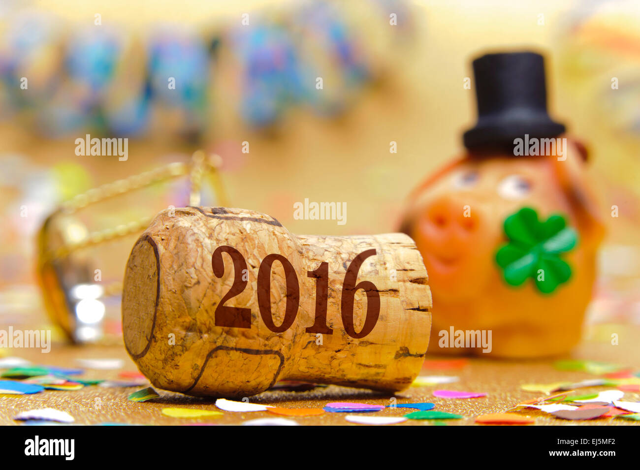 Happy new year 2016 with pig made with marzipan as lucky charm Stock Photo