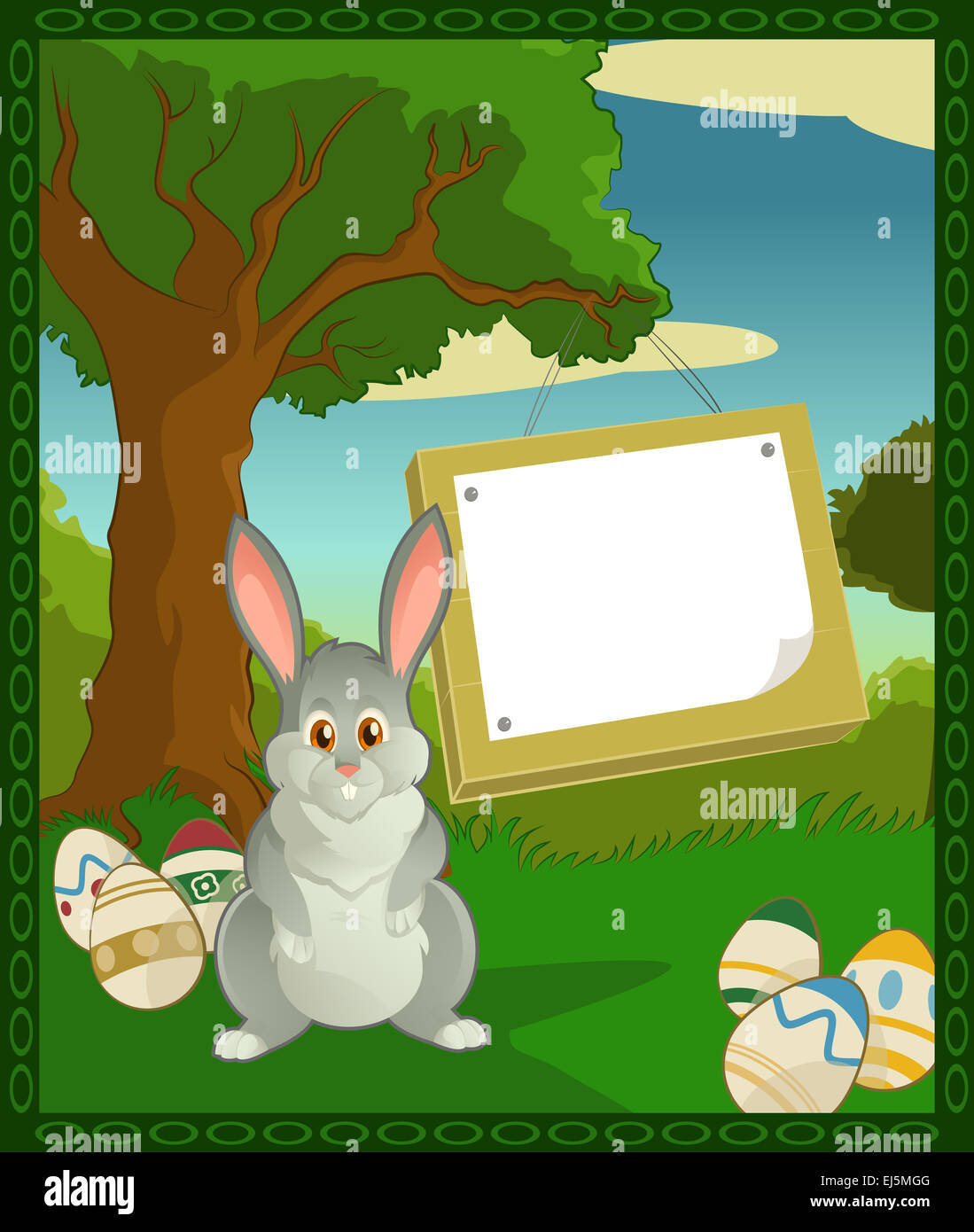 Vector image of cartoon forest with easter bunny Stock Photo - Alamy