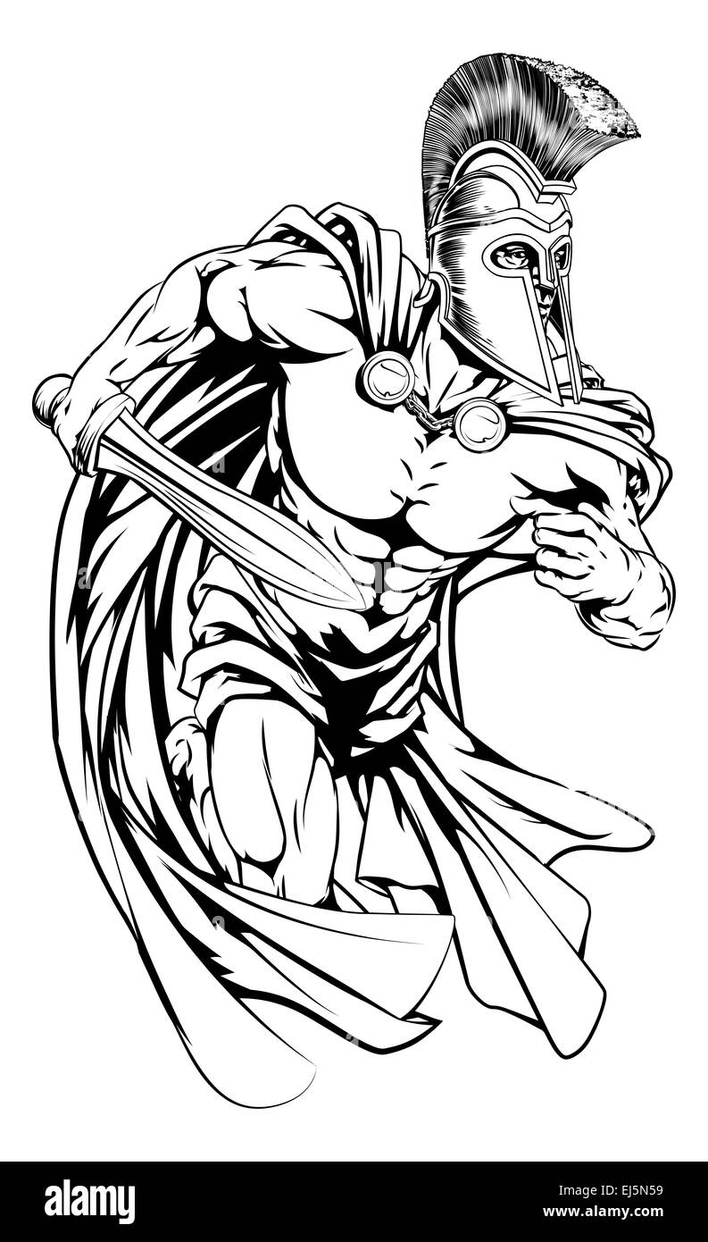 An illustration of a warrior character or sports mascot  in a trojan or Spartan style helmet holding a sword Stock Photo