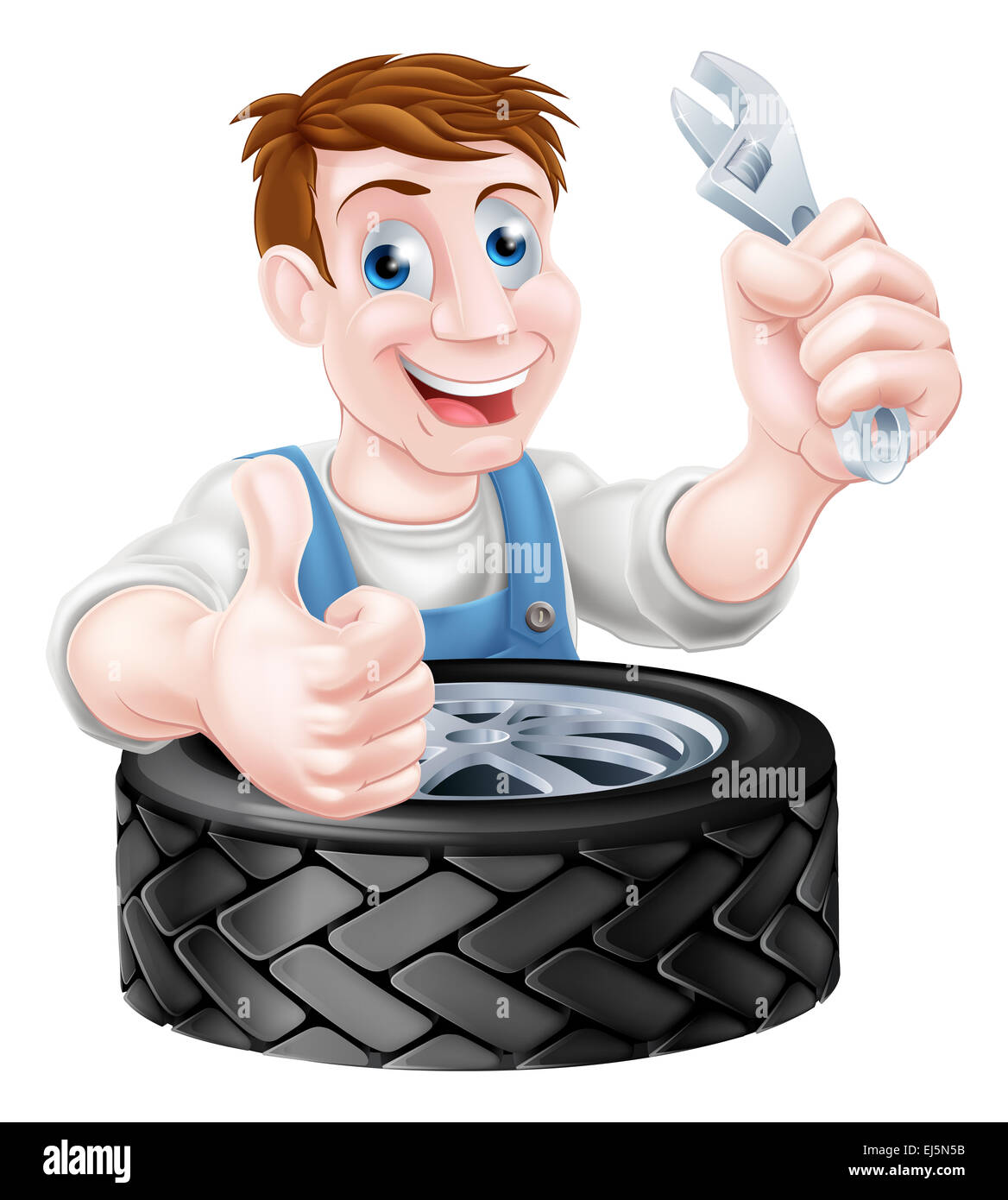 Cartoon mechanic with car tire giving a thumbs up and holding a spanner or wrench Stock Photo