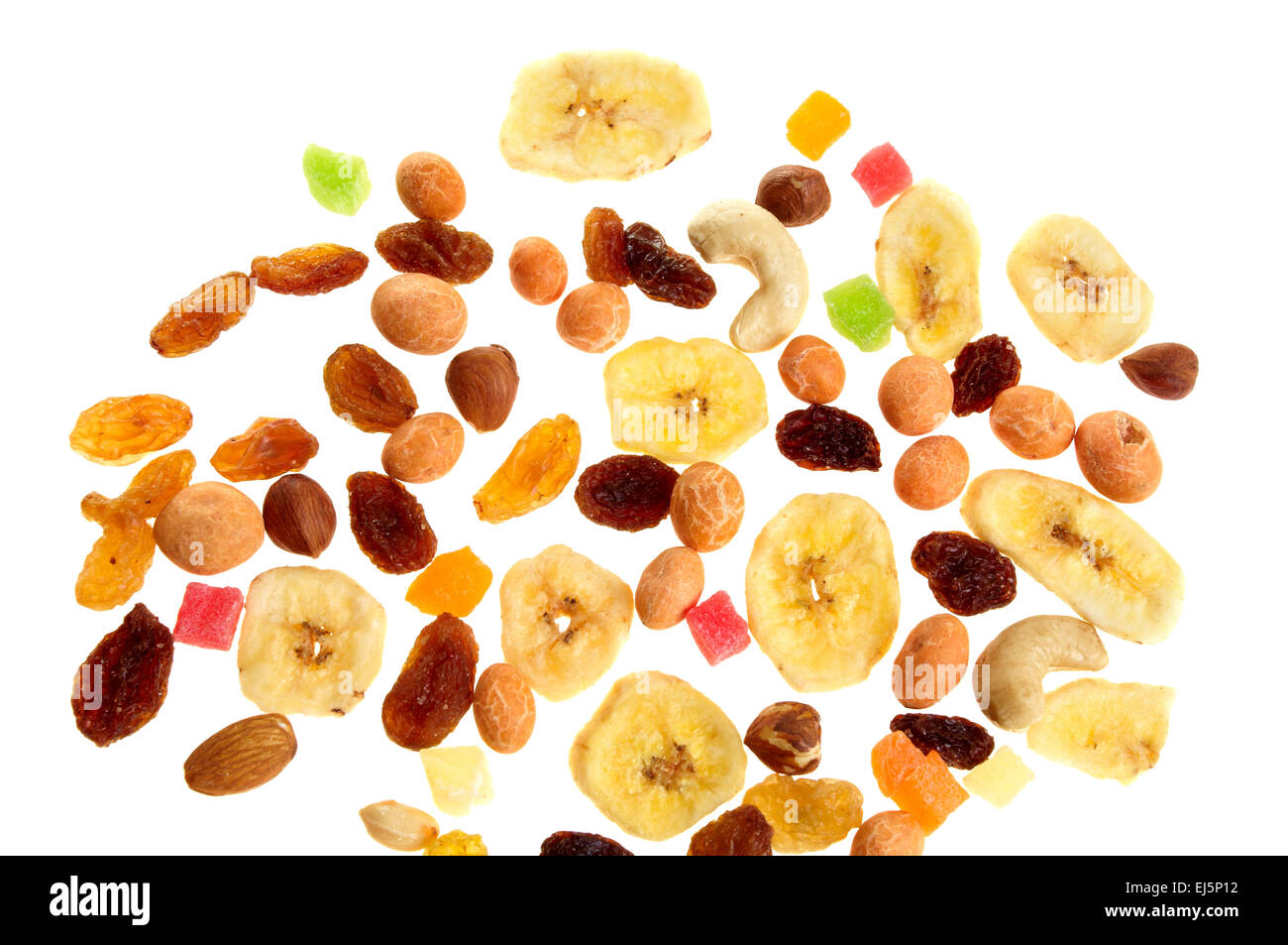 Mixed nuts, dried and candied fruits isolated on white Stock Photo