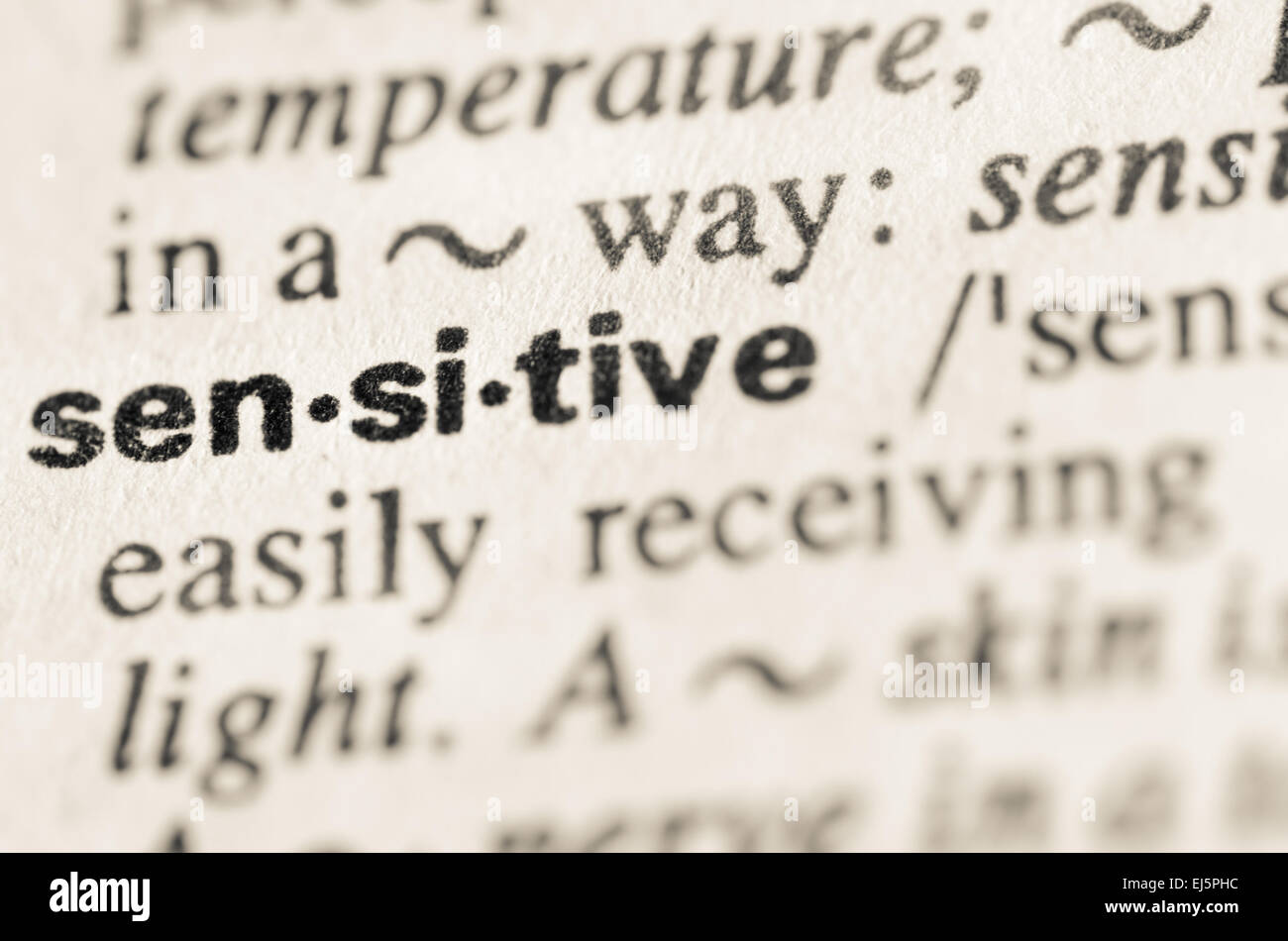 Definition of word sensitive in dictionary Stock Photo