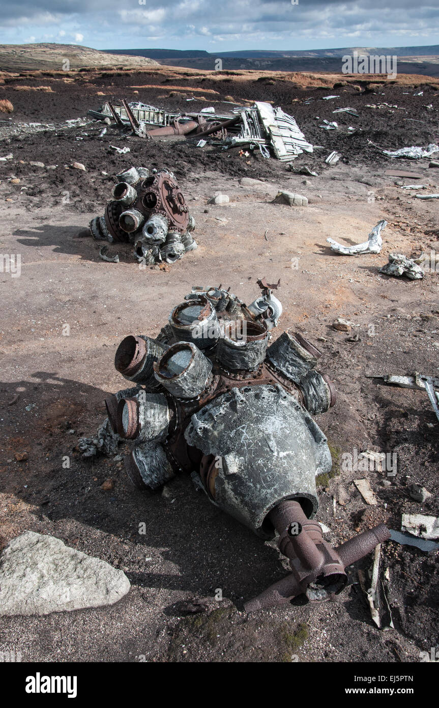 The wreckage of crashed American B29 'Over Exposed' on Bleaklow above Glossop in Derbyshire. Stock Photo