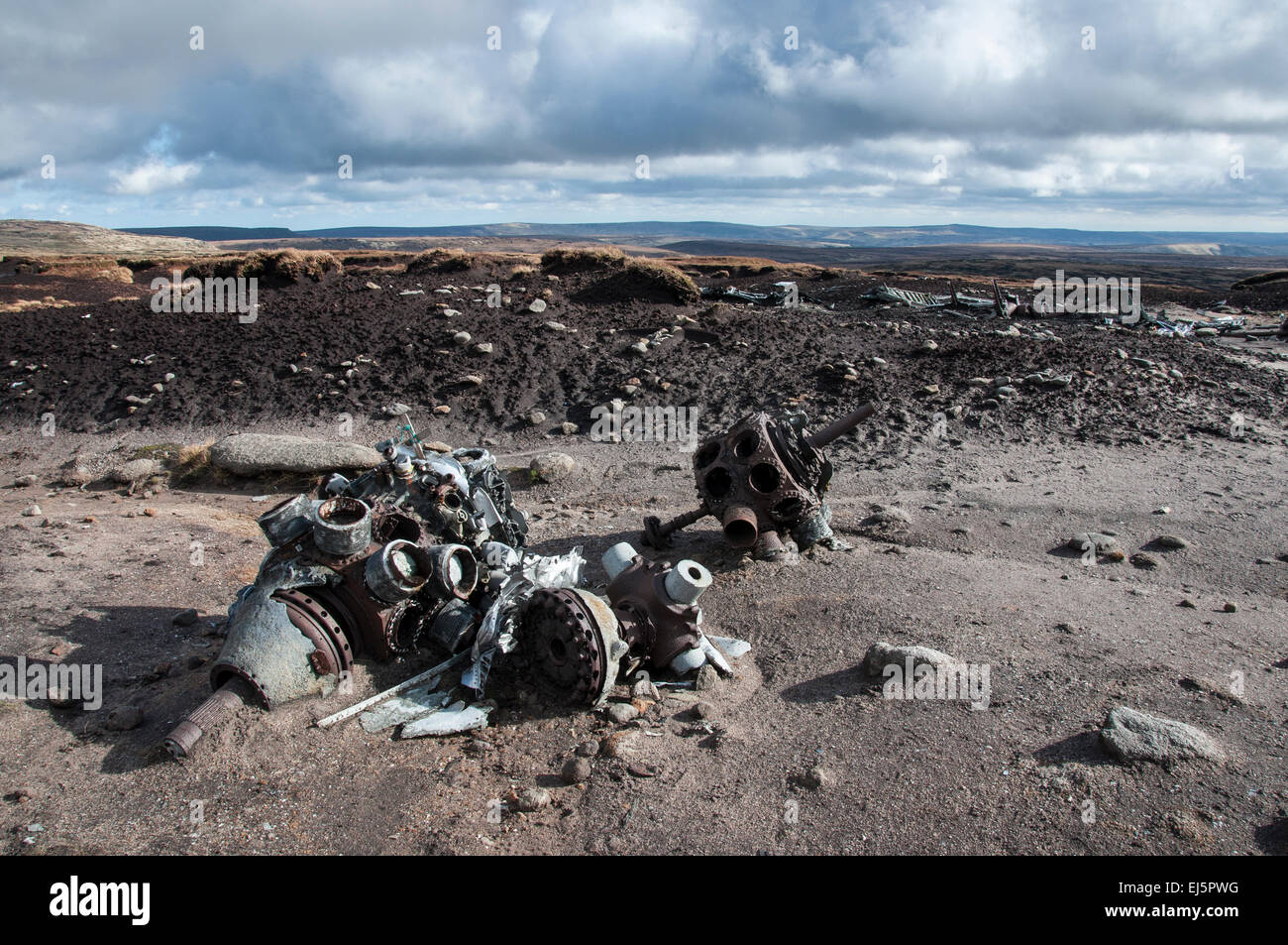 The wreckage of crashed American B29 'Over Exposed' on Bleaklow above Glossop in Derbyshire. Stock Photo