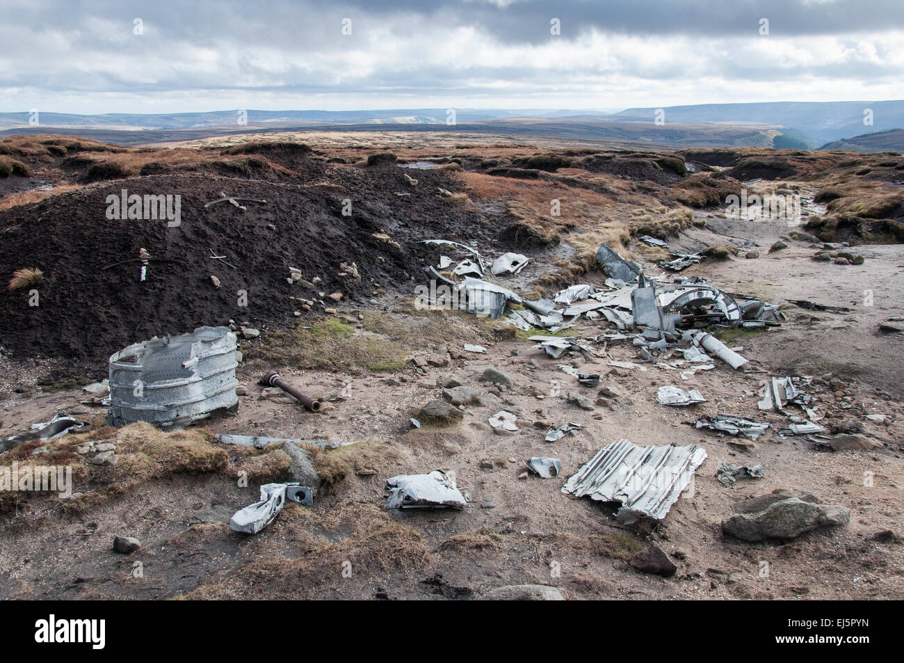 The wreckage of crashed American B29 'Over Exposed' on Bleaklow above Glossop in Derbyshire. Stock Photo