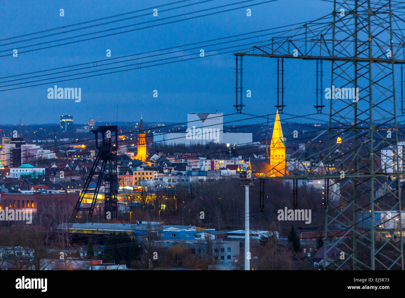 Nightly overview of Bochum-Wattenscheid, Germany, old coal mine shaft an Thysse steelworks (back) Stock Photo
