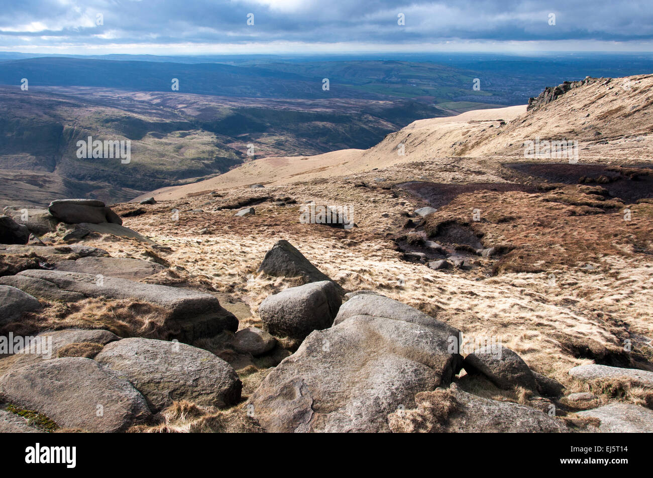 Rocks and peaty moorland at Higher Shelf Stones near Glossop in Derbyshire. Stock Photo