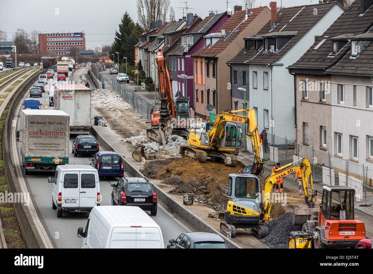 Construction site along motorway A40, Essen, Germany, building of a new noise barrier wall along the Autobahn in the city, Stock Photo