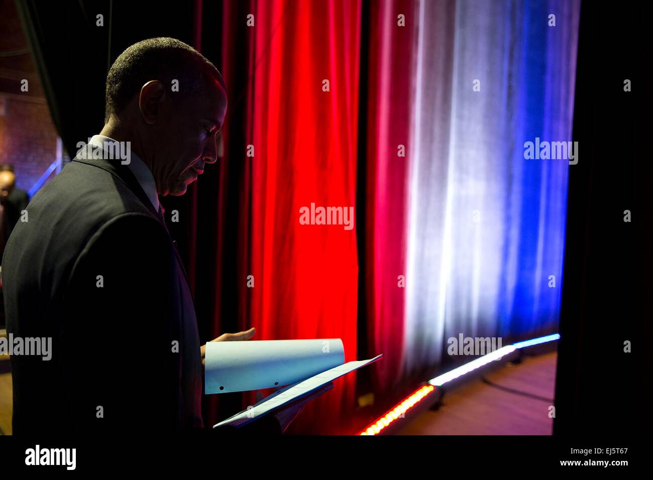 US President Barack Obama waits backstage prior to an interview for 'The Colbert Report with Stephen Colbert' at George Washington University's Lisner Auditorium  December 8, 2014 in Washington, DC. Stock Photo