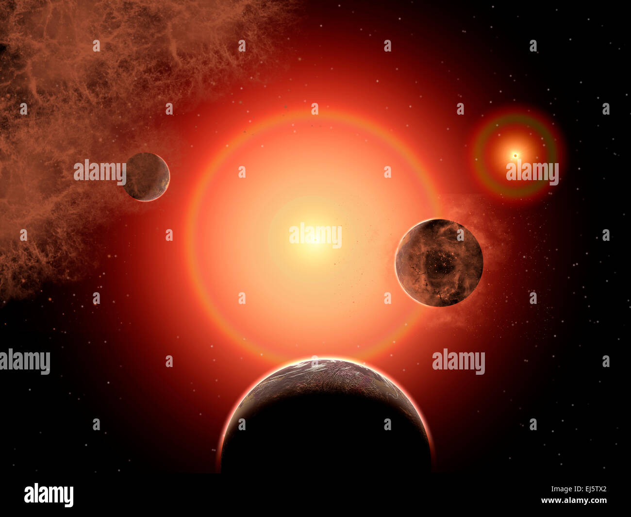 Planets In Orbit Around A Binary Star System . Stock Photo
