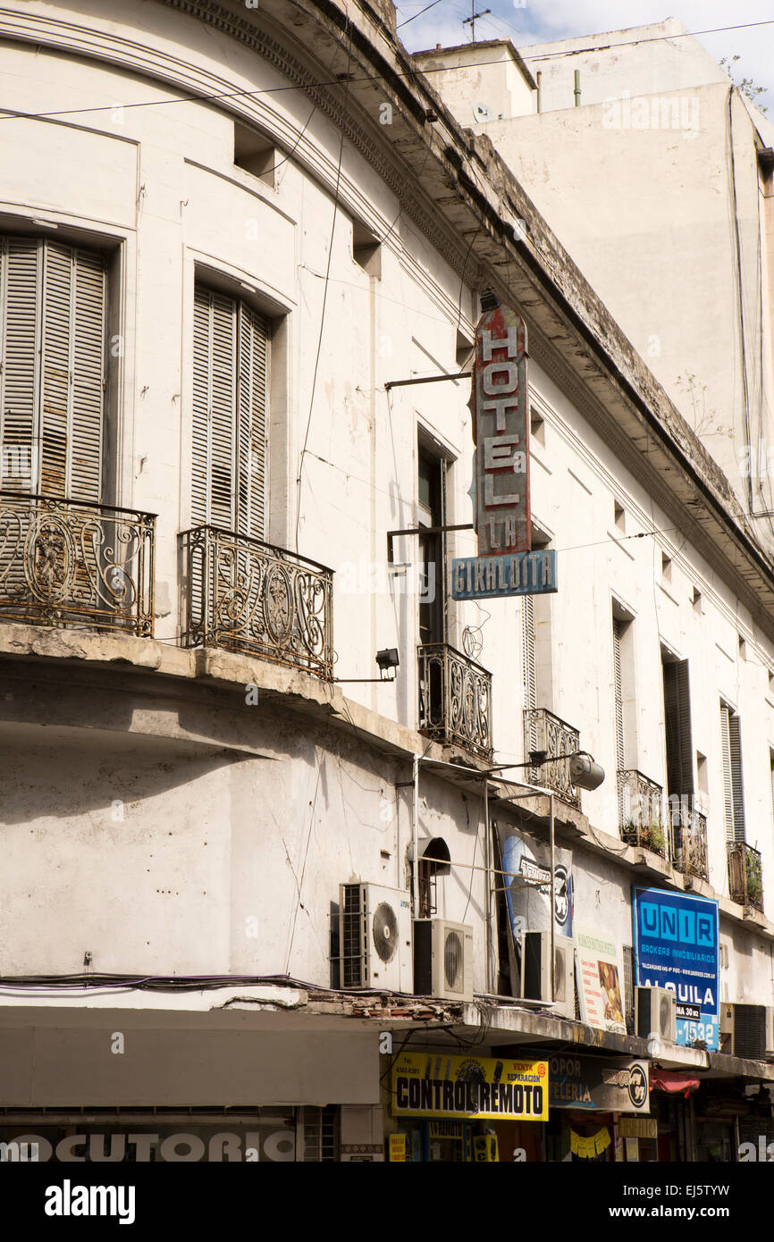 Argentina, Buenos Aires, Bartolome Mitre, old fashioned sign and balconies of Hotel La Giraldita Stock Photo