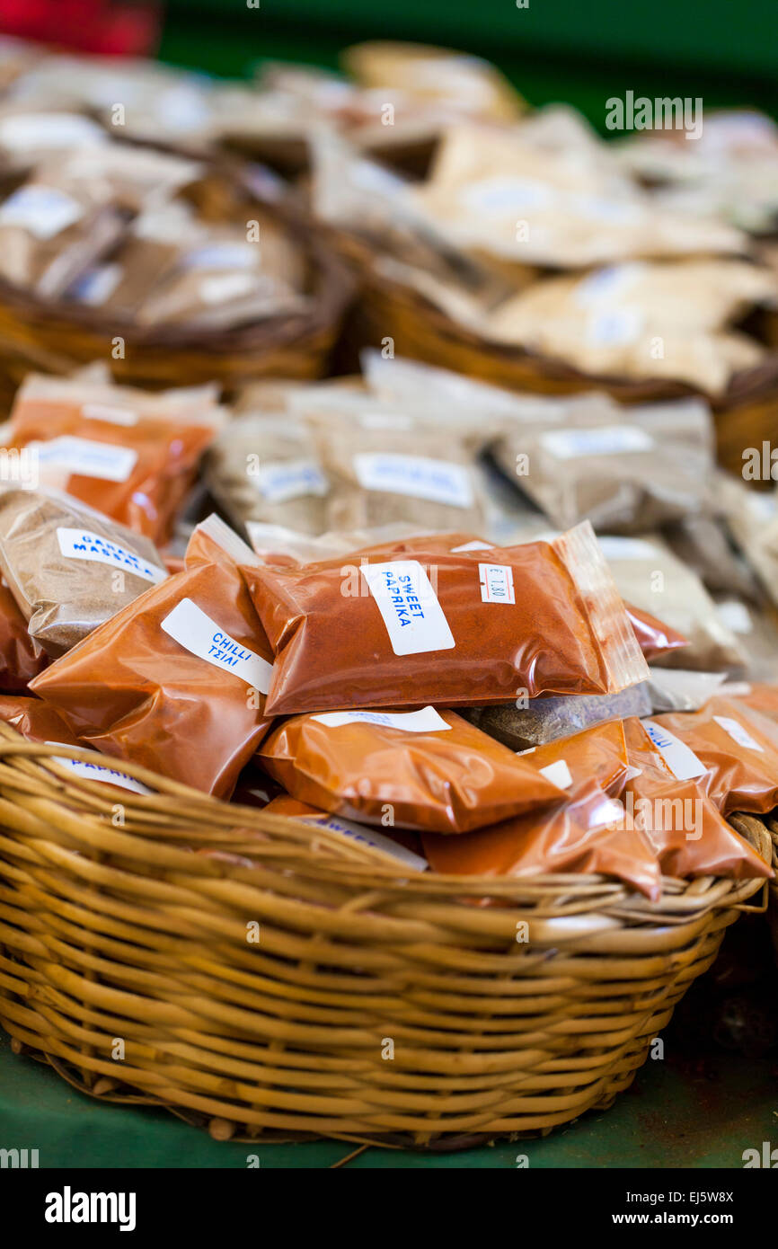 Greek spices with price tags closeup on market table Stock Photo