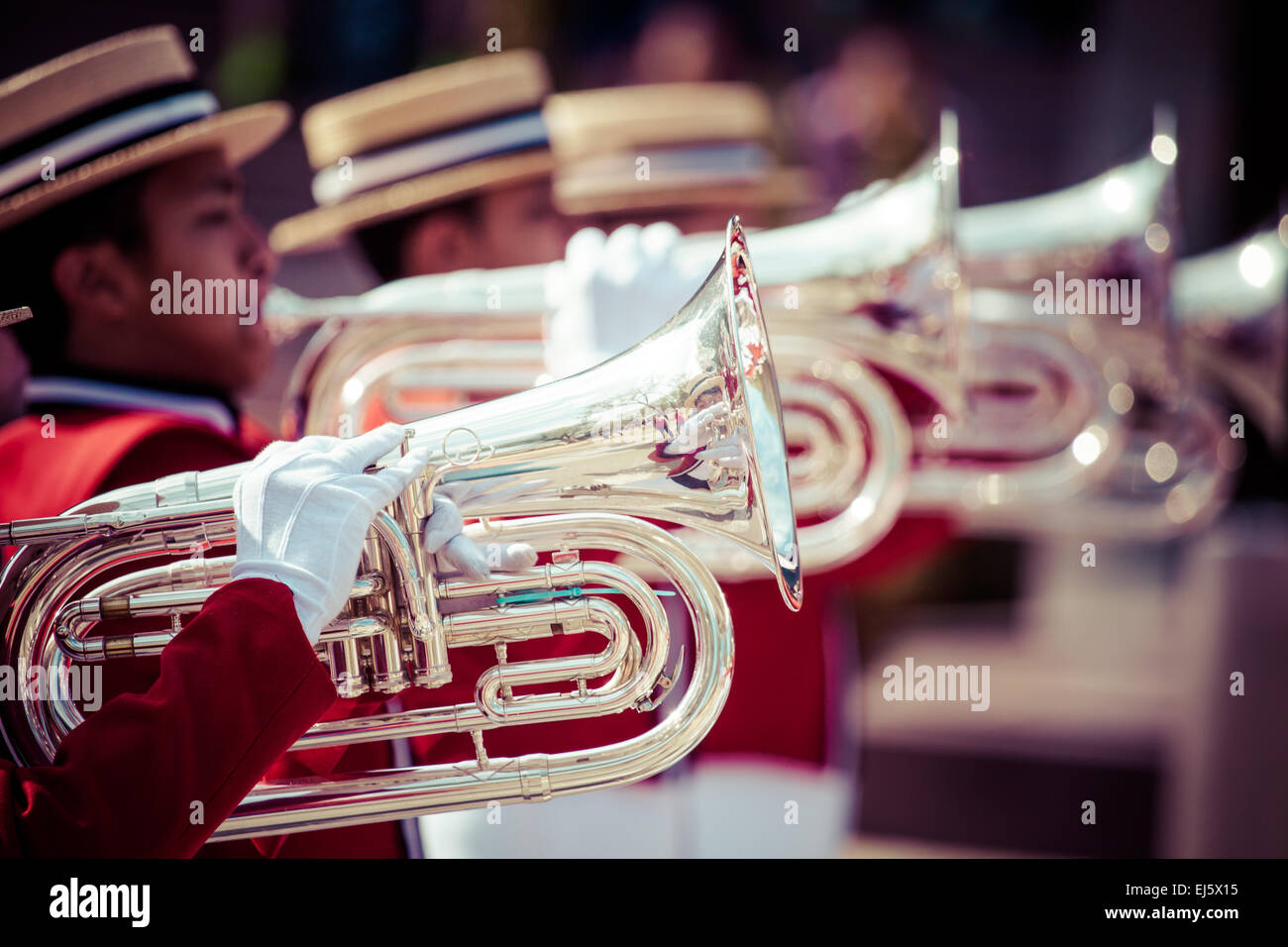 Brass Band in red uniform performing Stock Photo Alamy