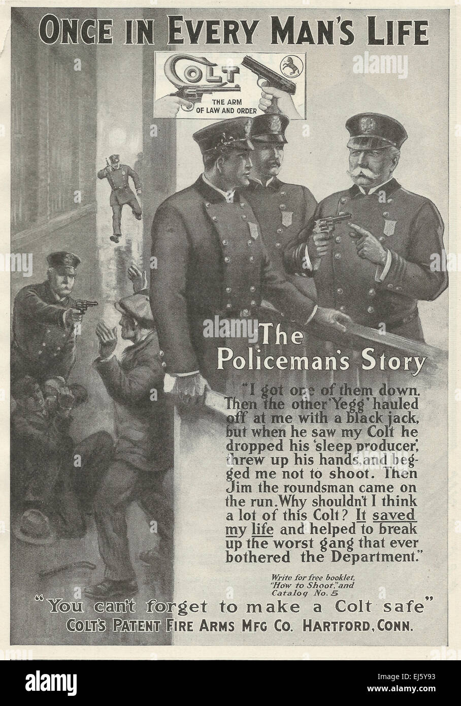 Once in Everyman's Life - The Policeman's Story - Colt Fire Arms Advertisement 1916 Stock Photo