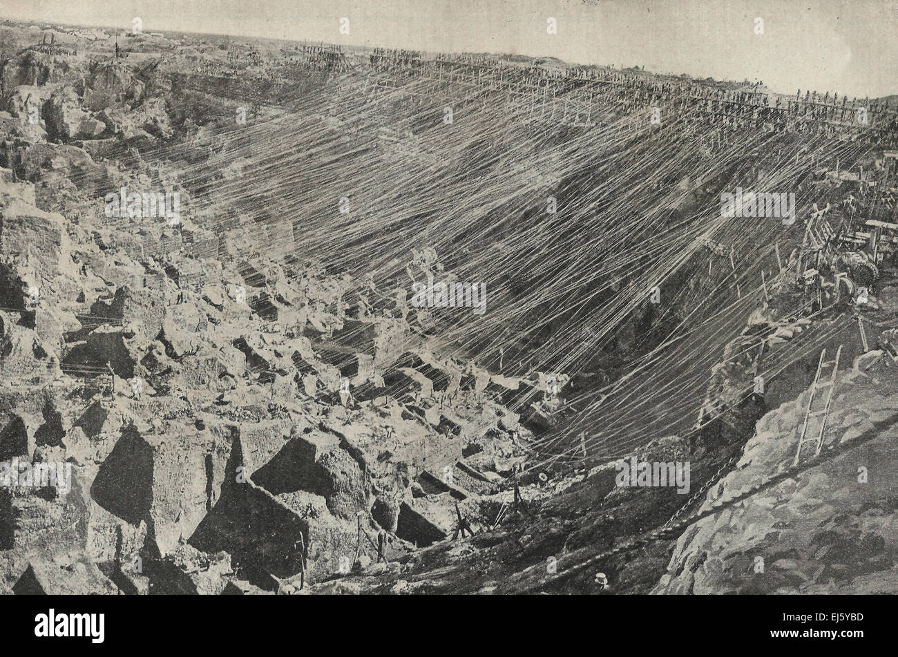 Old Workings - Kimberley Diamond Mines - The Diamonds are found in a grayish soil called blue clay.  Originally, each miner dug his own claim, the deeper they dug, the more claims fell in upom another, necessitating the amalgamation of many claims into a few large mines, circa 1898 Stock Photo