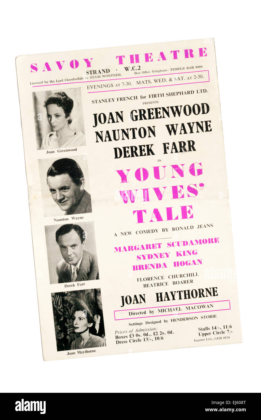 Back cover of the programme for Young Wives' Tale by Ronald Jeans at the Savoy Theatre. Stock Photo