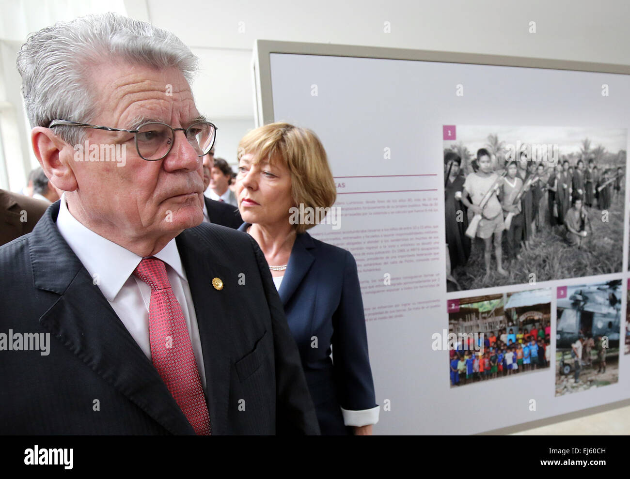 Lima, Peru. 21st Mar, 2015. German President Joachim Gauck and his life partner, Daniela Schadt, visit an exhibition on the time of the armed, internal conflict in Peru in the 'Lugar de la Memoria' museum in Lima, Peru, 21 March 2015. The German president is on a multi-day visit to South America. Photo: WOLFGANG KUMM/dpa/Alamy Live News Stock Photo