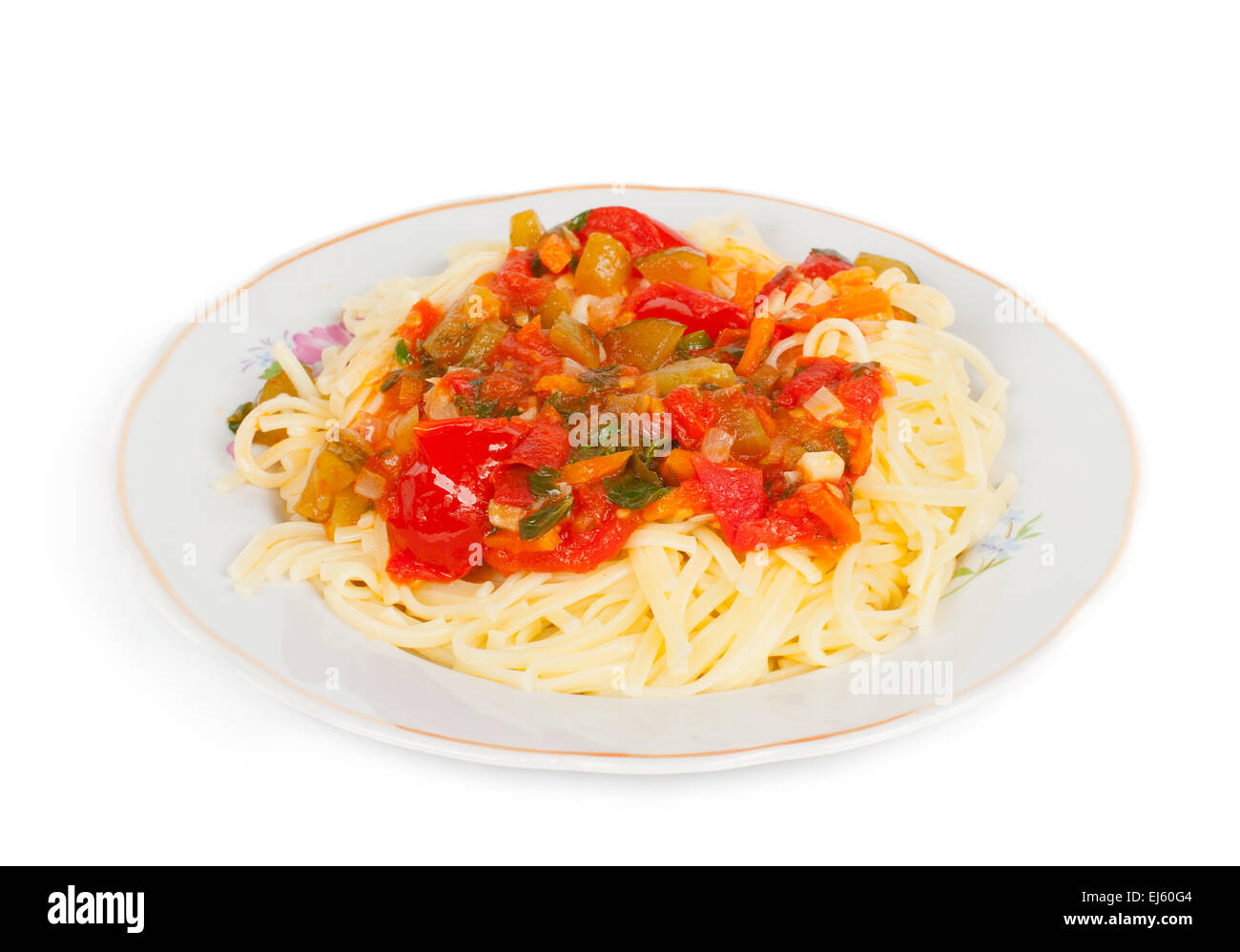Noodles with vegetables on the plate. Isolated over white Stock Photo
