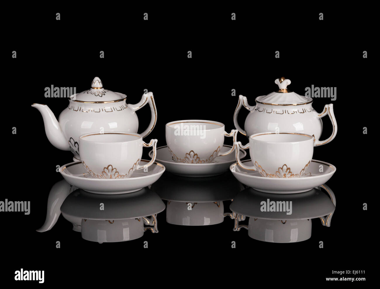 White porcelain tea set on black reflecting background Stock Photo Alamy