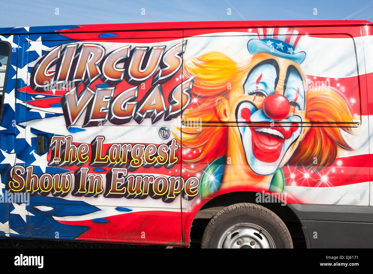 Southport, Merseyside, UK. 22nd Mar, 2015. The all-human circus spectacular, owned by Show Directors John Courtney and Stephen Courtney trading as Circus Vegas/American Circus has arrived in SOUTHPORT, the travelling show produced by the famous Uncle Sam's Great American Circus, tours for ten months a year.  It is an Irish organisation, but its star-spangled selection of American Kenworth and Peterbilt decorated trucks look the part when they roll into town. Credit:  Cernan Elias/Alamy Live News Stock Photo