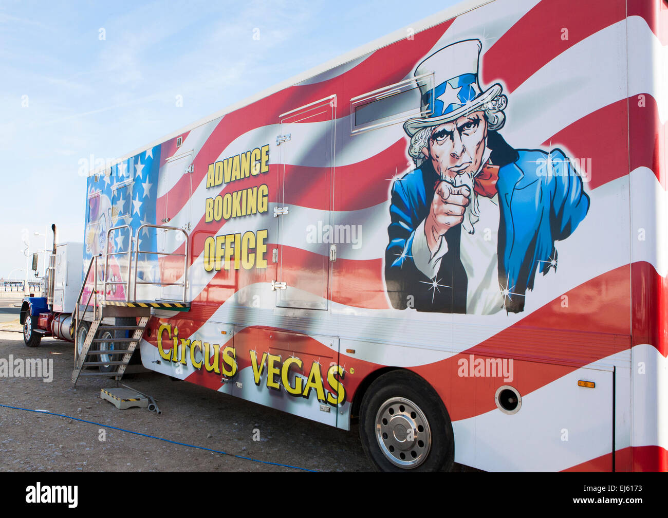 Southport, Merseyside, UK. 22nd Mar, 2015. The all-human circus spectacular, owned by Show Directors John Courtney and Stephen Courtney trading as Circus Vegas/American Circus has arrived in SOUTHPORT, the travelling show produced by the famous Uncle Sam's Great American Circus, tours for ten months a year.  It is an Irish organisation, but its star-spangled selection of American Kenworth and Peterbilt decorated trucks look the part when they roll into town. Credit:  Cernan Elias/Alamy Live News Stock Photo