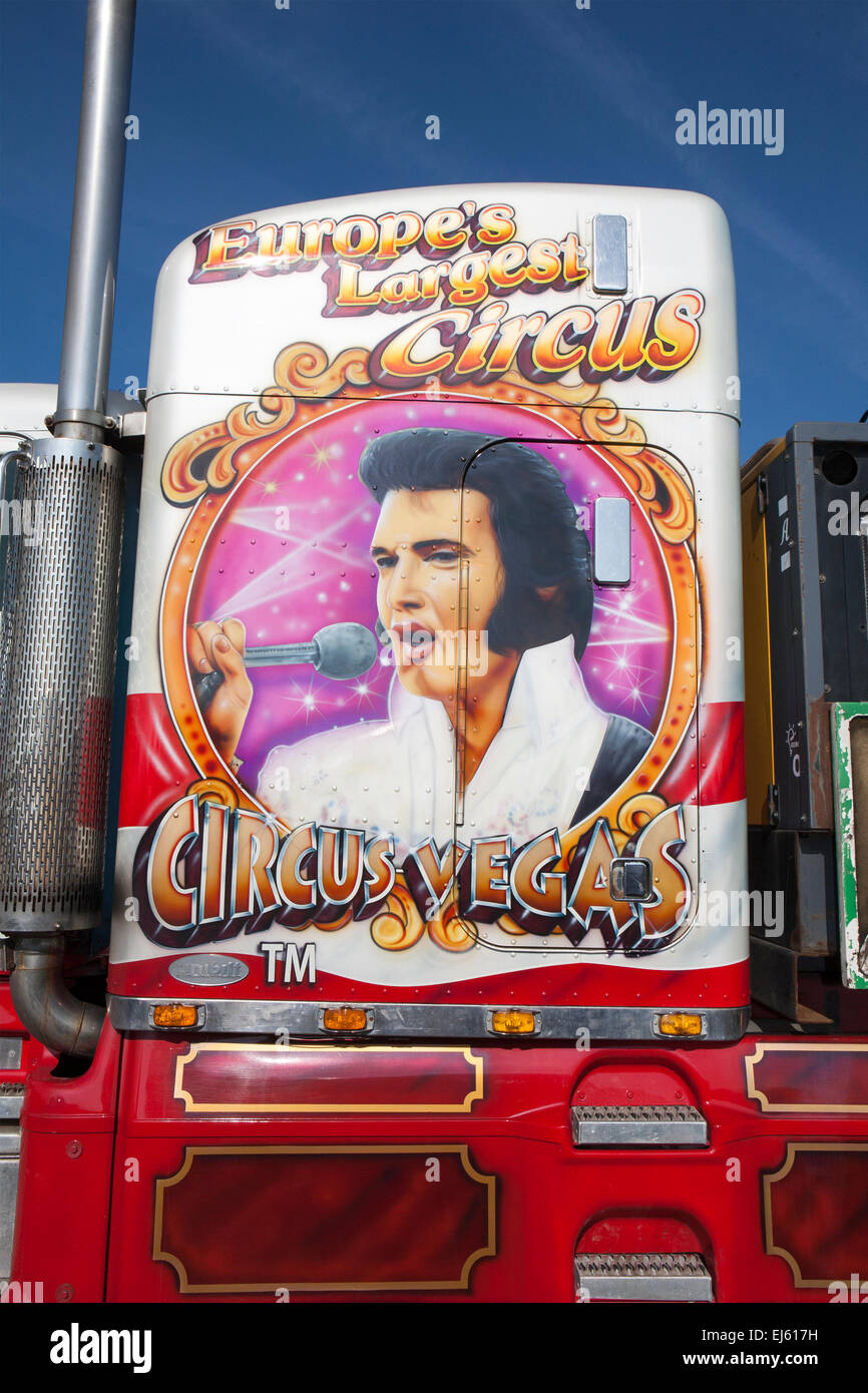 Southport, Merseyside, UK. 22nd Mar, 2015. 'Elvis Presley' mural The all-human circus spectacular, owned by Show Directors John Courtney and Stephen Courtney trading as Circus Vegas/American Circus has arrived in SOUTHPORT, the travelling show produced by the famous Uncle Sam's Great American Circus, tours for ten months a year.  It is an Irish organisation, but its star-spangled selection of American Kenworth and Peterbilt decorated trucks look the part when they roll into town. Credit:  Cernan Elias/Alamy Live News Stock Photo