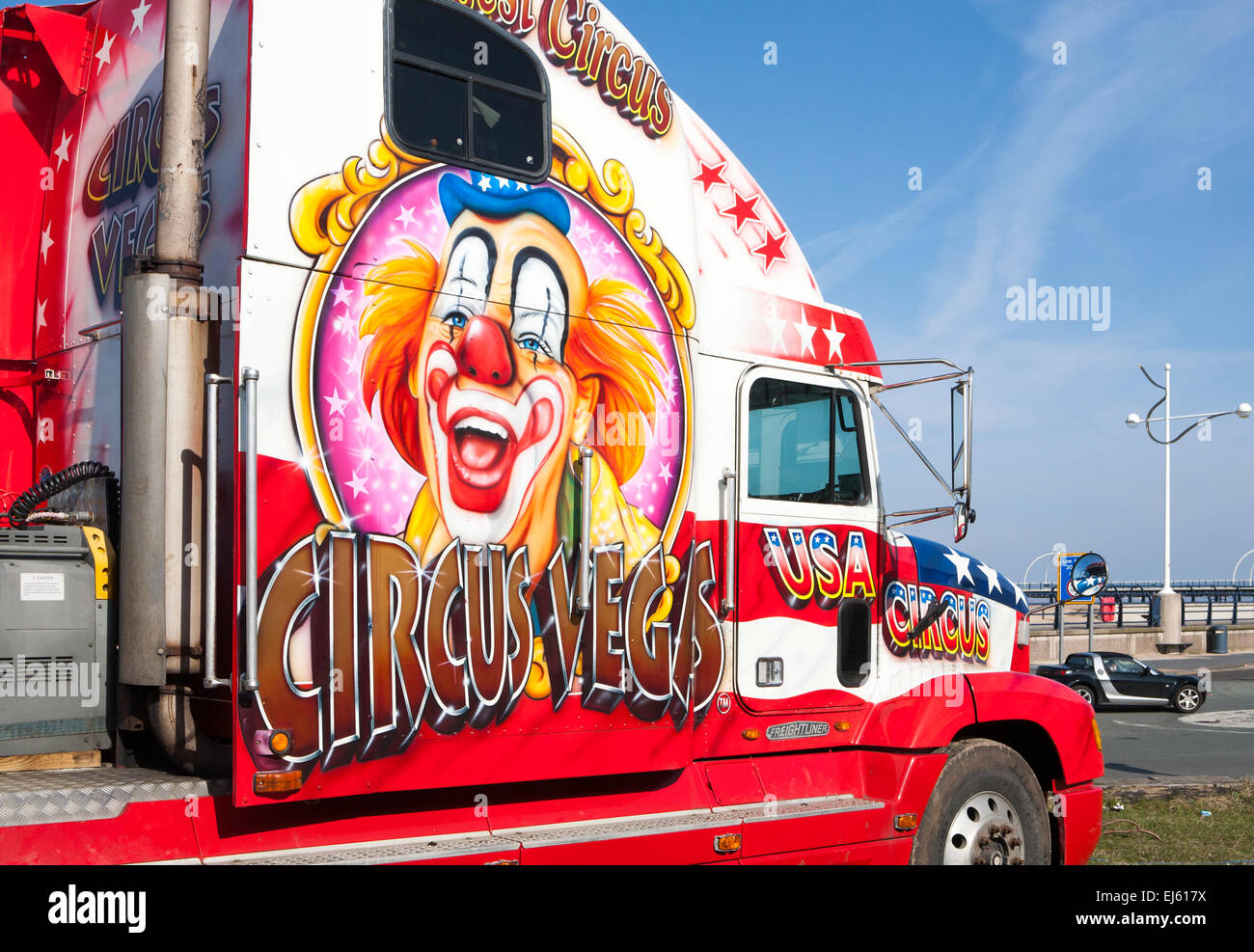 Southport, Merseyside, UK. 22nd Mar, 2015. The all-human circus spectacular, owned by Show Directors John Courtney and Stephen Courtney trading as Circus Vegas/American Circus has arrived in SOUTHPORT, the travelling show produced by the famous Uncle Sam's Great American Circus, tours for ten months a year.  It is an Irish organisation, but its star-spangled selection of American Kenworth and Peterbilt decorated trucks look the part when they roll into town. Credit:  Cernan Elias/Alamy Live News Stock Photo