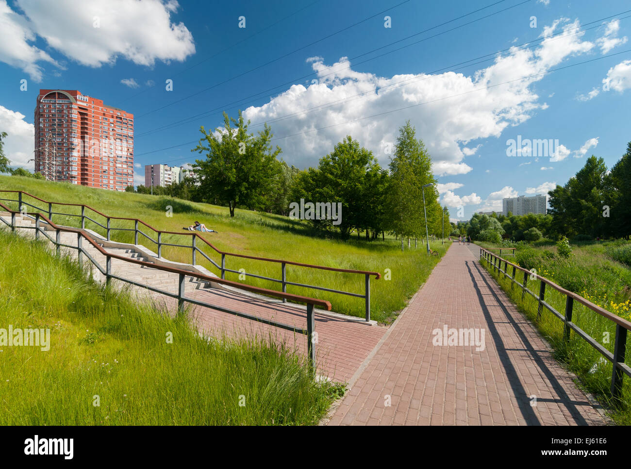 Paved pathway in the city park in Moscow Stock Photo