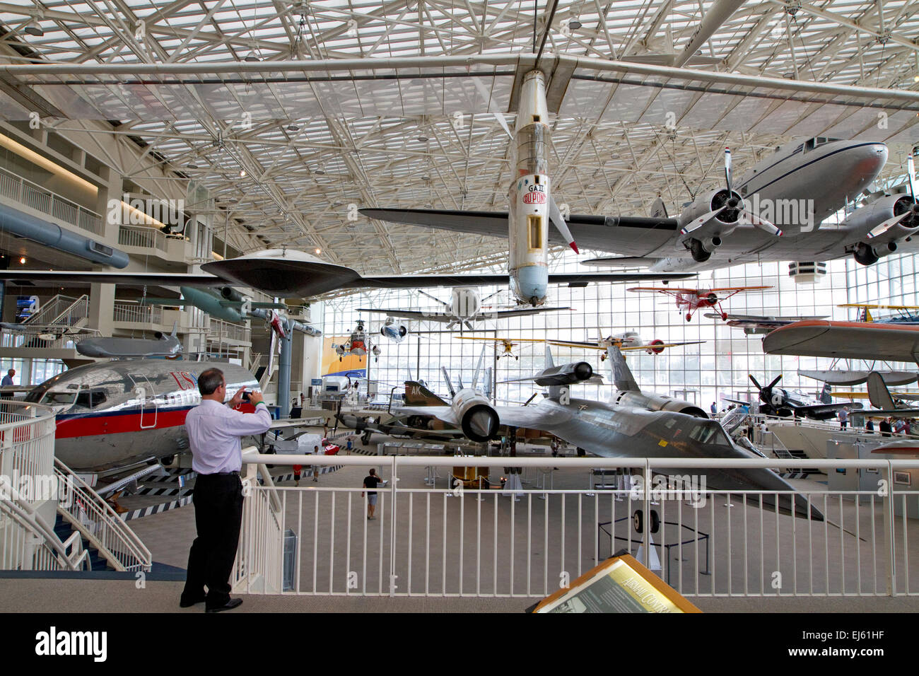 Museum of Flight in Seattle, Washington, USA. The T.A. Wilson Great Gallery with more that 20 full-size airplane suspended. Stock Photo