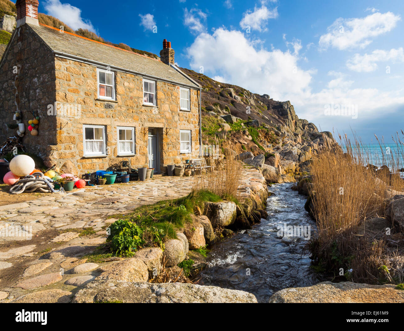 Stream and Cottage at Penberth Cove Penwith Cornwall England UK Europe Stock Photo