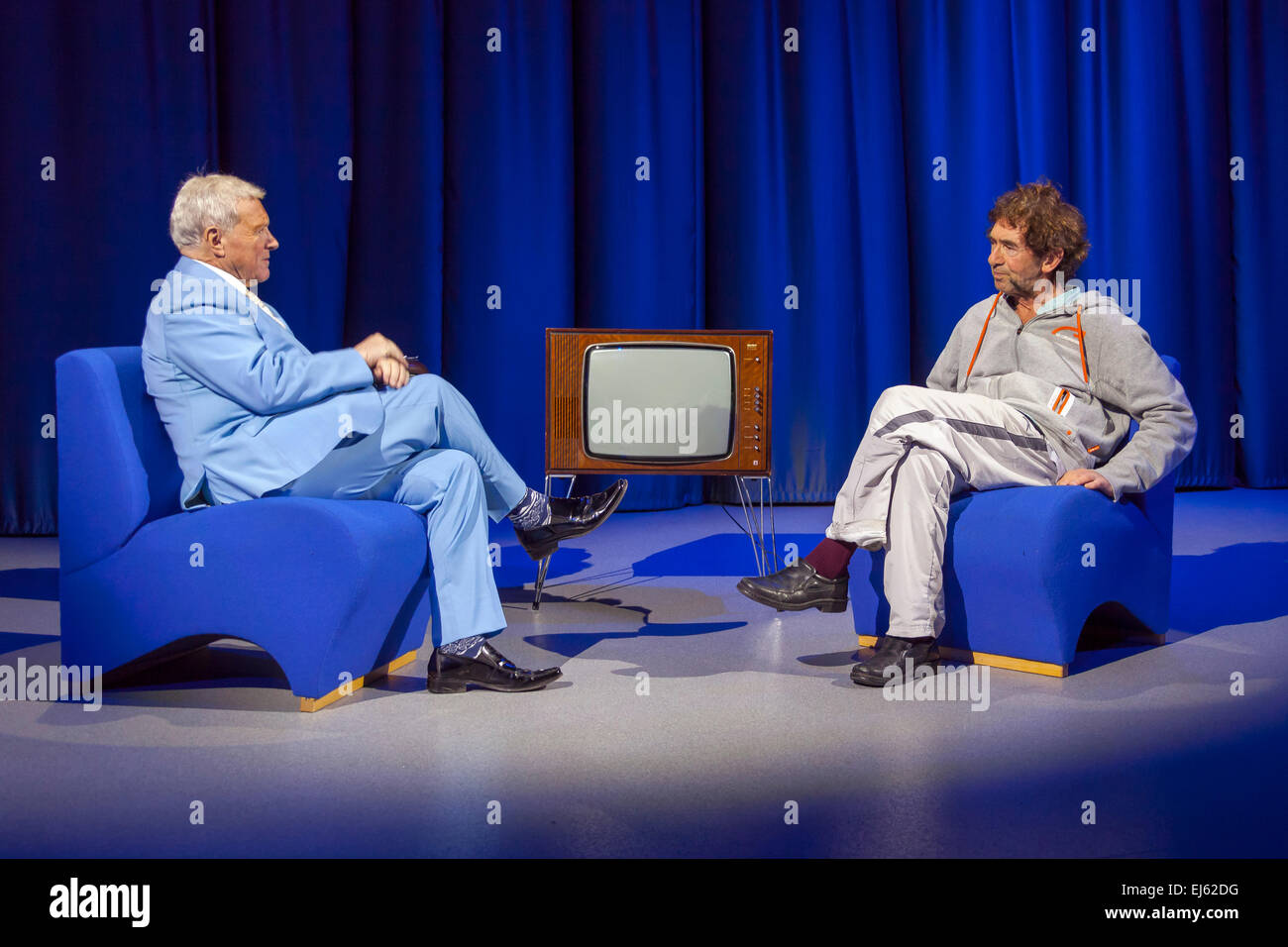 Walsall, West Midlands, UK. 22 March 2015. David Hamilton (L) with English singer songwriter Jona Lewie at a recording of ‘The David Hamilton Show’ for Big Centre TV. Hosted by presenter and broadcaster ‘Diddy’ David Hamilton the show features famous personalities from across the music and television spectrum. Credit:  John Henshall / Alamy Live News PER0528 Stock Photo