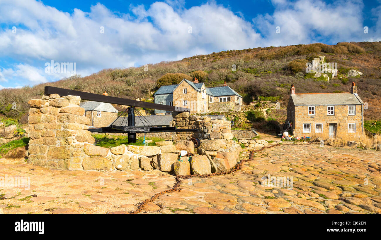 Historic capstan and Cottages at Penberth Cove Penwith Cornwall England UK Europe Stock Photo